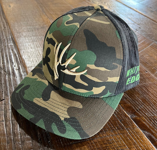 Camo on Black with Tan Antler Logo SnapBack Cap
