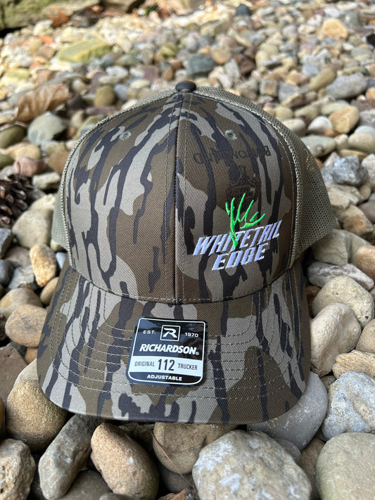 Mossy Oak Bottomland snap back Trucker hat with Whitetail Edge Green antler logo